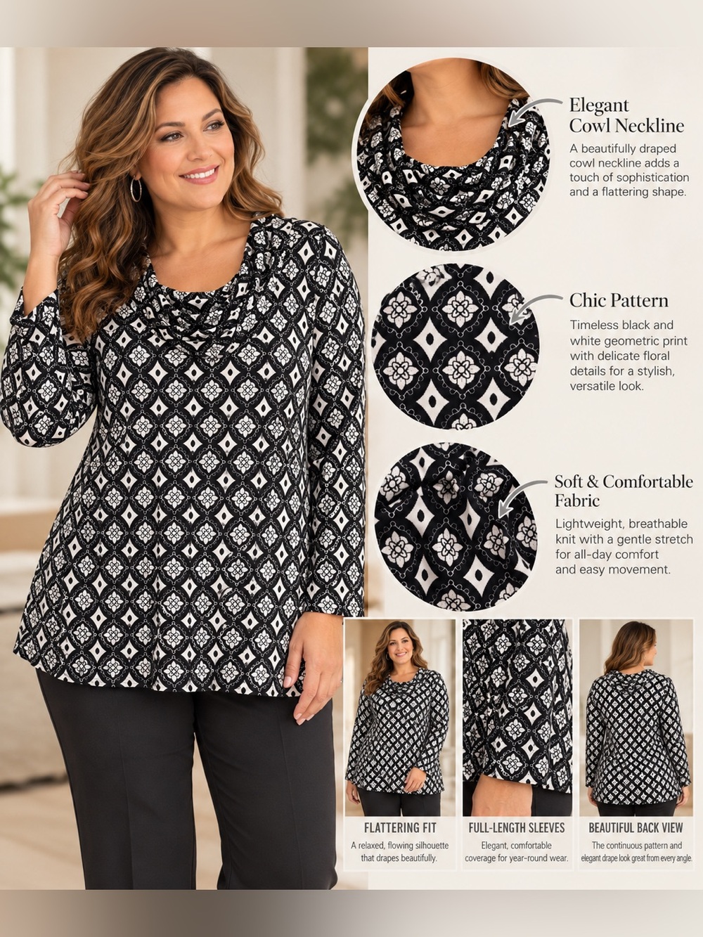 East 5th Black & White Cowl Neck Tunic Top – Long Sleeve XL